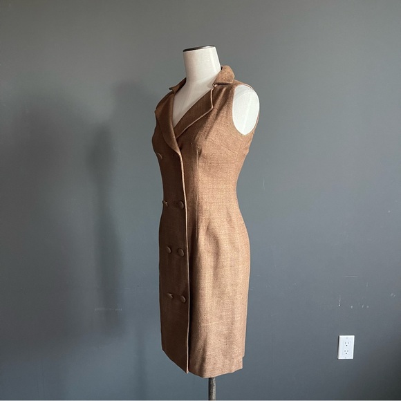 Vintage Brown Raw Silk Sleeveless Blazer Dress Double Breasted Petite 2P - Picture 3 of 6